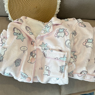 粉兔子毛绒睡衣女款春秋冬季珊瑚绒加绒加厚套装卡通可外穿家居服