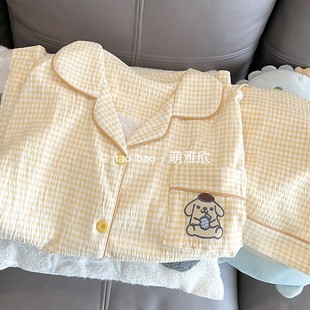 春秋夏季 短裤 黄色格子布丁狗睡衣女款 纯棉短袖 可爱家居服 套装 韩版
