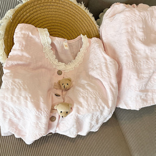 春秋夏季 可爱开衫 云朵棉长袖 套装 家居服 长裤 带胸垫粉小熊睡衣女款