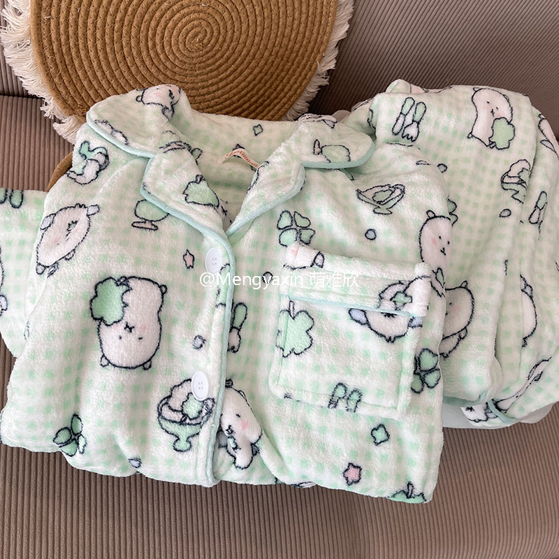 自嘲熊女珊瑚绒卡通睡衣可爱