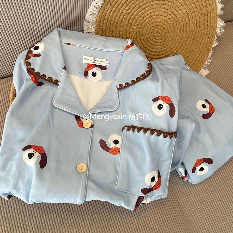 蓝小狗睡衣女款秋冬季磨毛德绒加厚长袖两件套可爱开衫情侣家居服