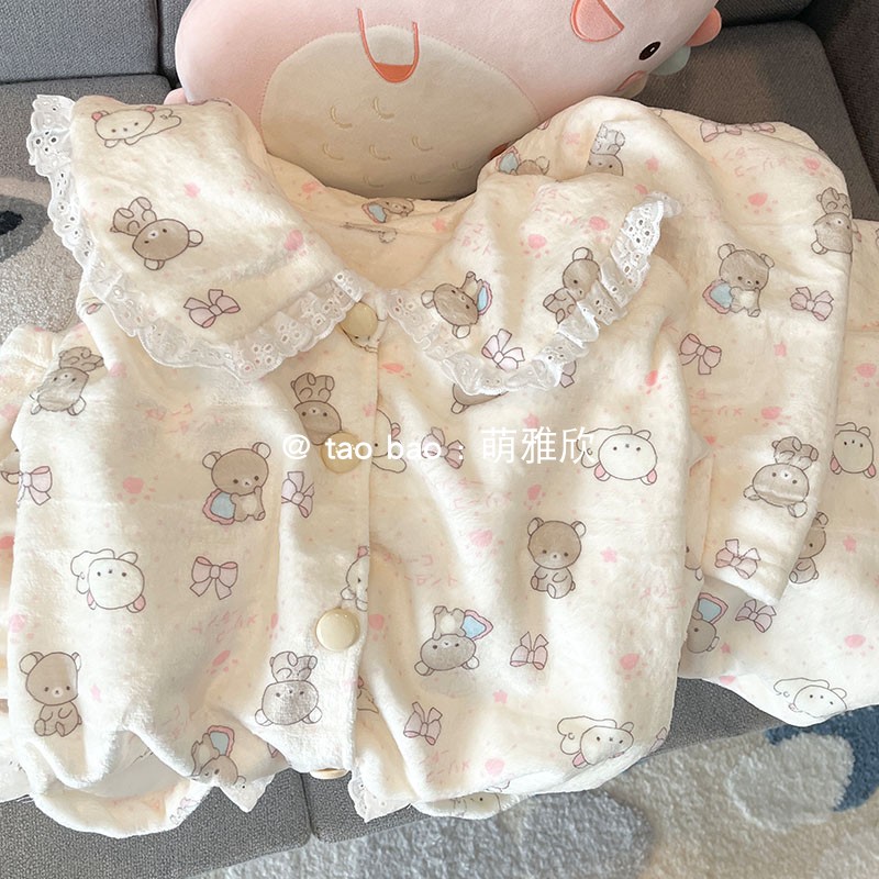 轻松熊睡衣女款春秋冬季法兰珊瑚绒加厚保暖套装可爱娃娃领家居服