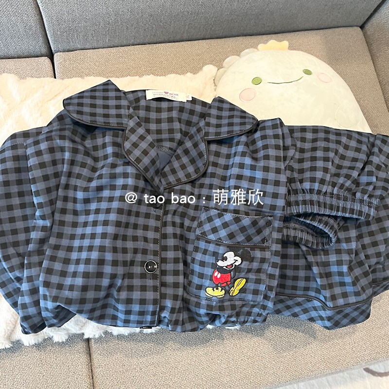 格子米奇情侣款睡衣女夏季纯棉短袖短裤两件套少女可爱开衫家居服