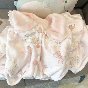 可爱开衫 套装 家居服 珊瑚绒加厚长袖 娃娃领粉色小猫睡衣女春秋冬季