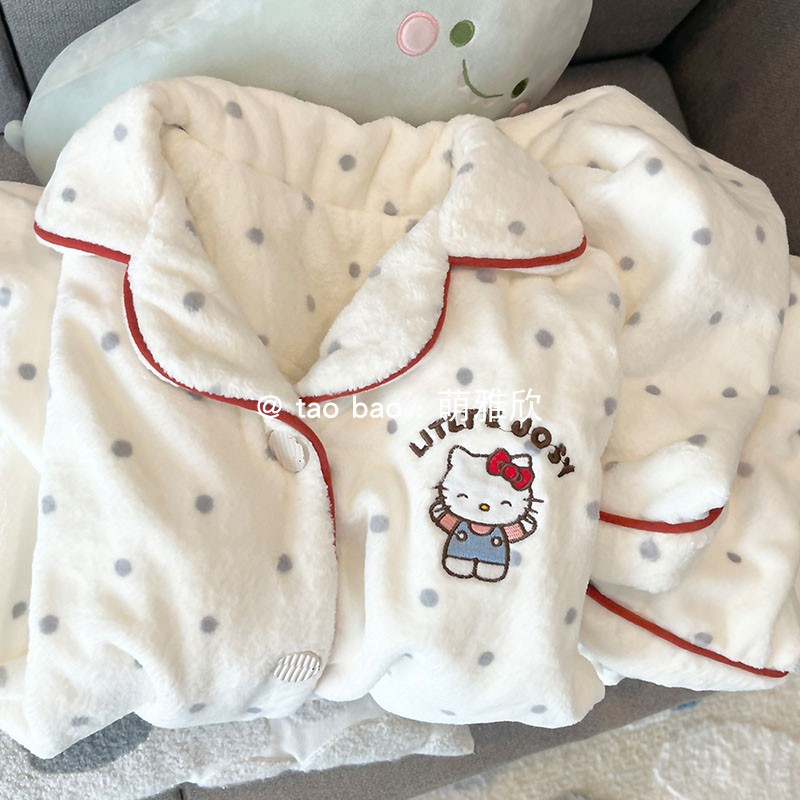 波点KT猫睡衣女款春秋冬季法兰珊瑚绒加厚加绒套装可爱软妹家居服