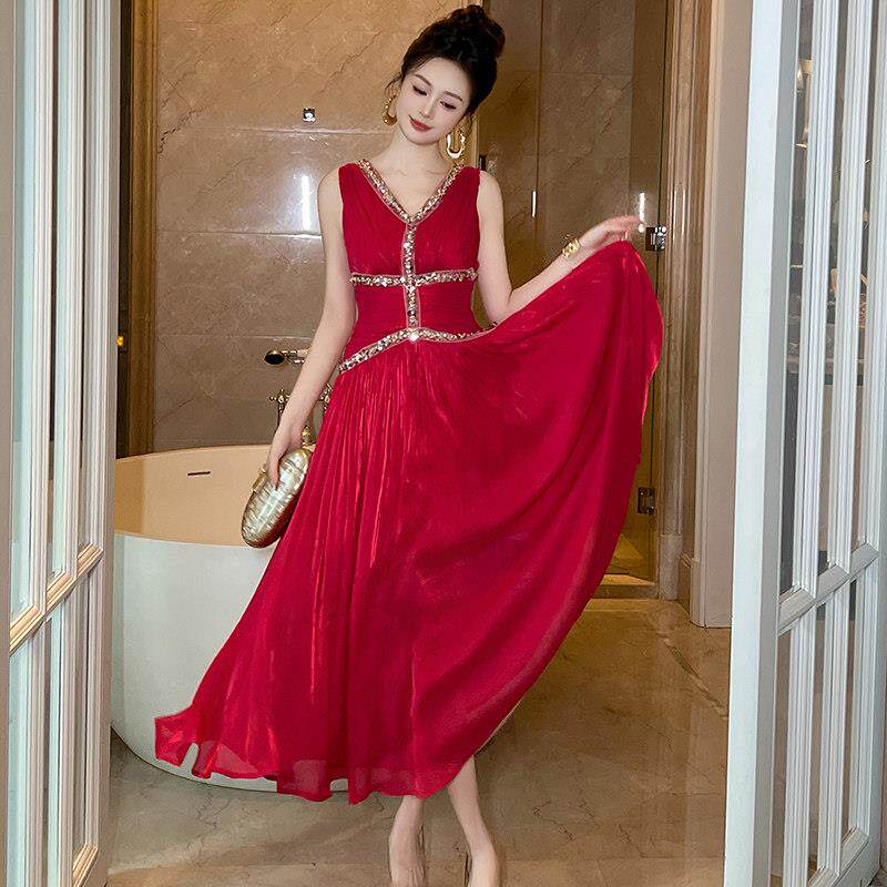 红色无袖连衣裙女夏前后双v领设计感御姐风收腰气质显瘦礼服长裙