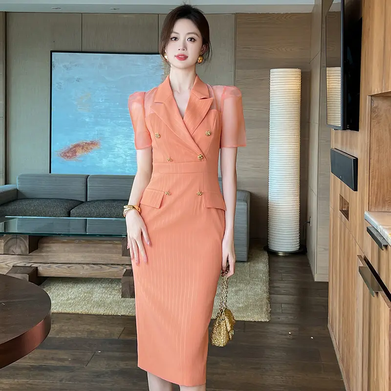 西装收腰连衣裙夏季女装高级感轻奢网纱拼接设计小众泡泡袖中长裙