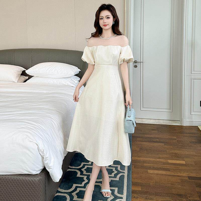 白色法式连衣裙女夏新款高级感轻奢气质宴会晚礼服设计感a字长裙