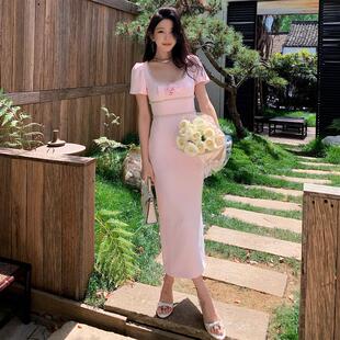 夏季新款女装粉红色玫瑰花朵性感大圆领短袖连衣裙长裙子气质礼服