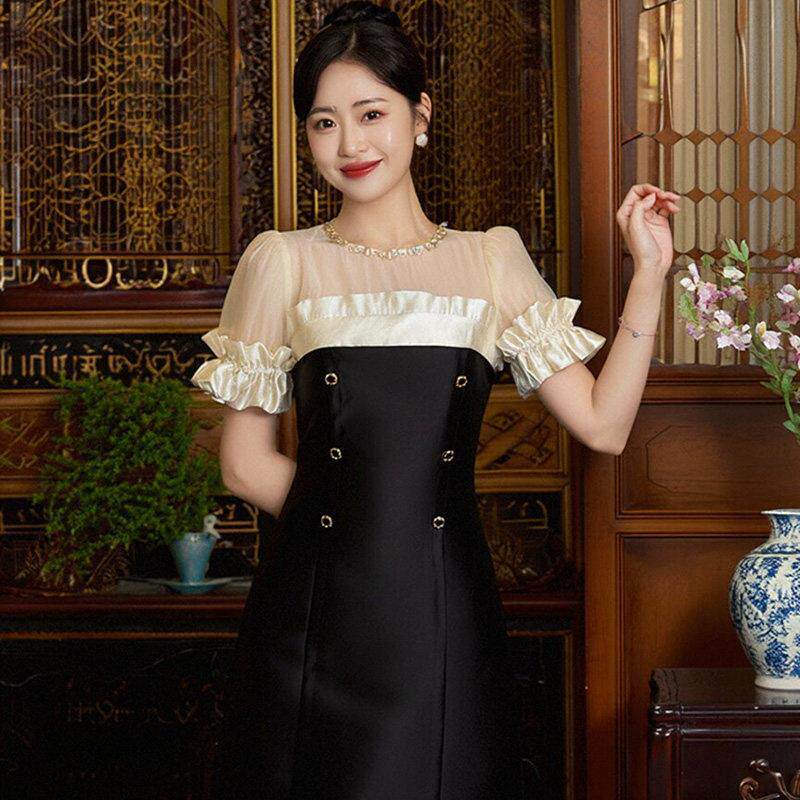 赫本风气质a字连衣裙女夏季新款网纱拼接高级感小个子生日礼服裙