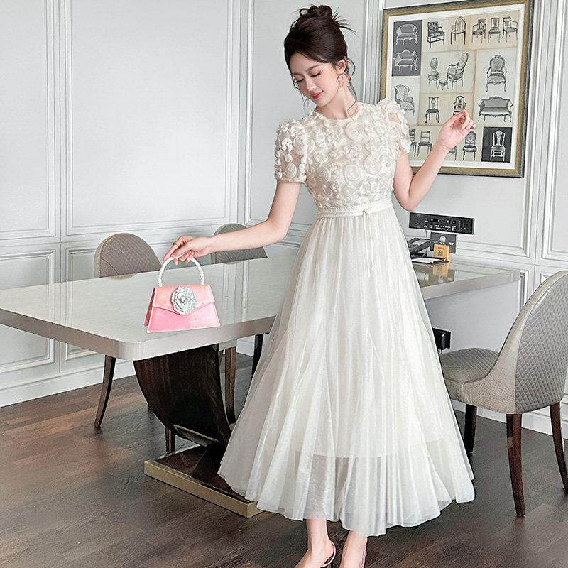 法式洋装女轻奢高级感蕾丝拼接薄款网纱收腰长裙夏日绝美礼服裙