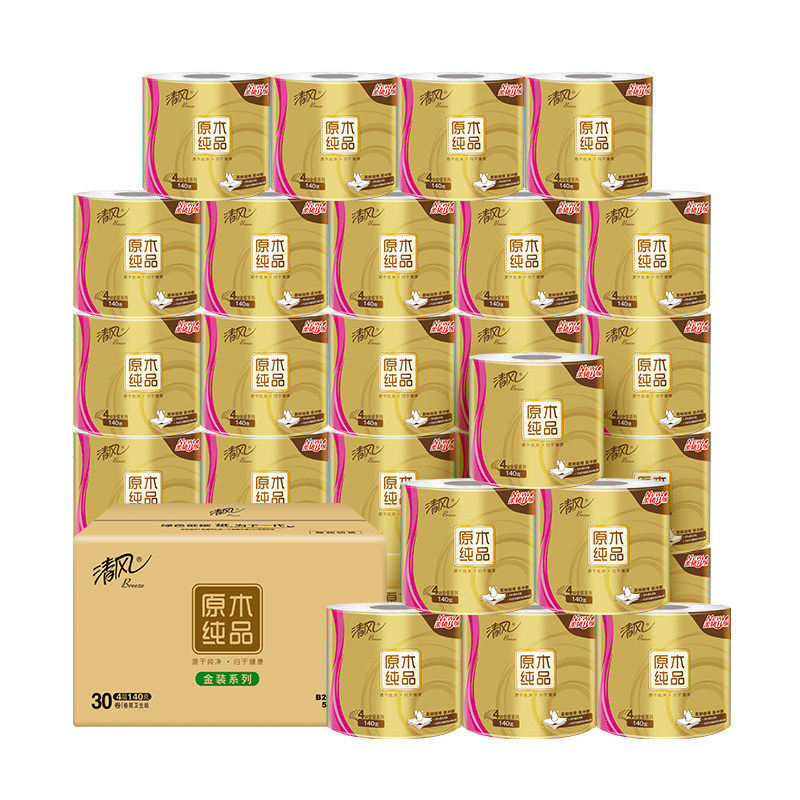 清风原木金装卷纸压花速溶卫生纸4层140克家用卷筒纸实惠整箱30卷图片