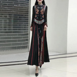 民族风重工刺绣马甲半身裙套装中国风绣花长裙a字裙长裙两件套女