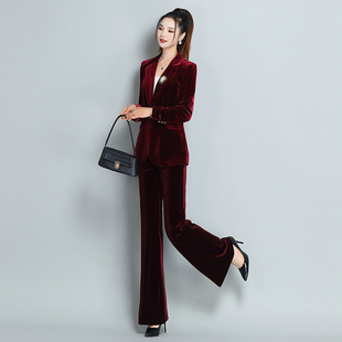 新款 日常西服套装 金丝绒西服外套微喇叭裤 两件套职业装 女 长裤 秋季