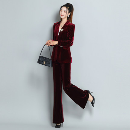 秋季新款金丝绒西服外套微喇叭裤长裤两件套职业装日常西服套装女