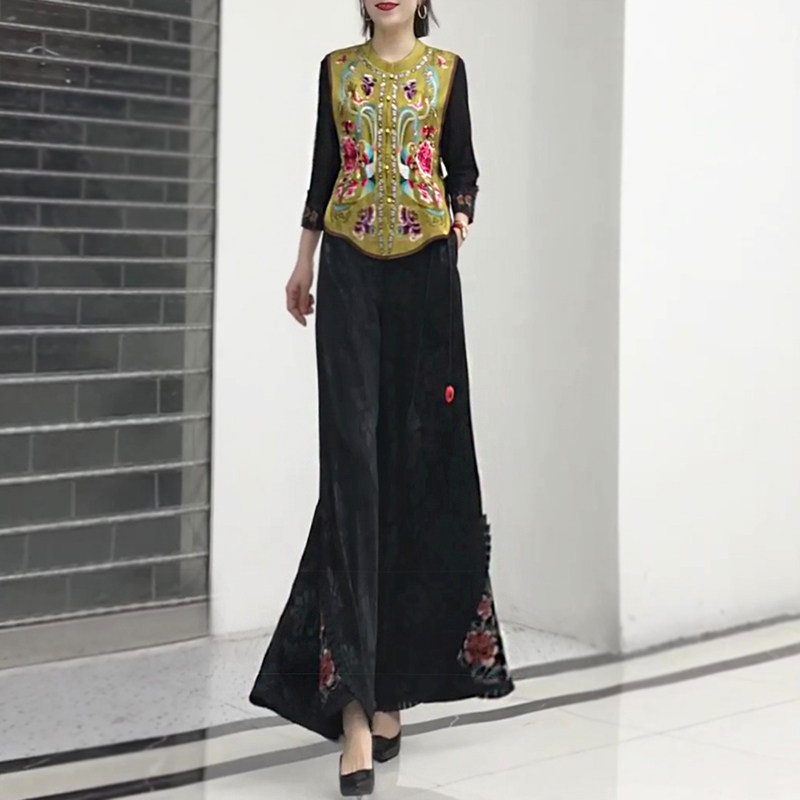 春季新中式国风刺绣马甲阔腿裤裙裤长裤子两件套装国潮马夹坎肩女