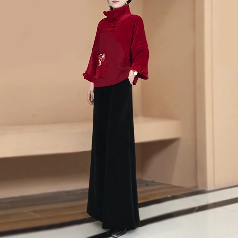 冬季新款两件套披肩阔腿裤套装新中式雪尼尔复古气质民族风穿搭女