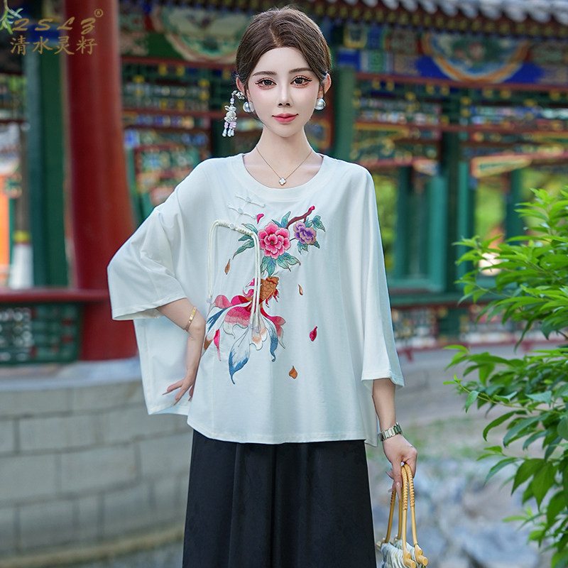 夏季新中式刺绣蝙蝠袖T恤女