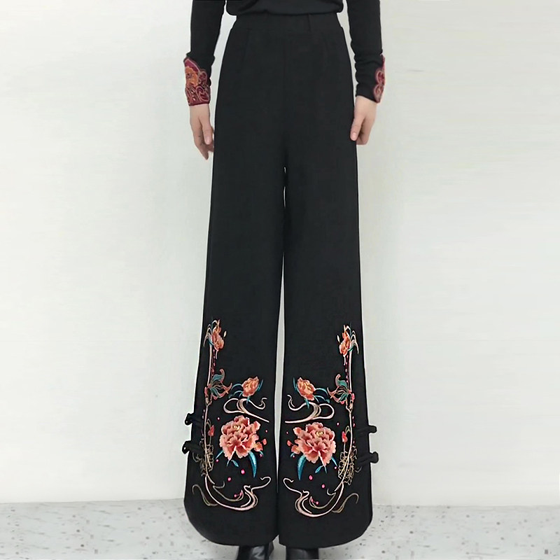 2025年新中式阔腿裤裙裤设计感中国风黑色加厚盘扣复古刺绣长裤女