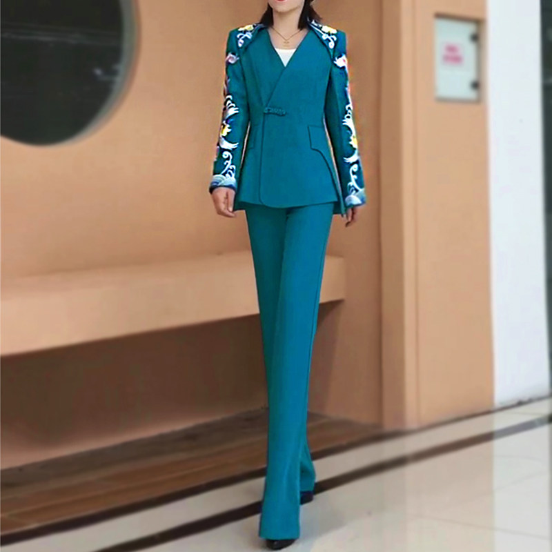 2026春季新款新中式西服长裤套装民族风高级感刺绣中国风两件套女