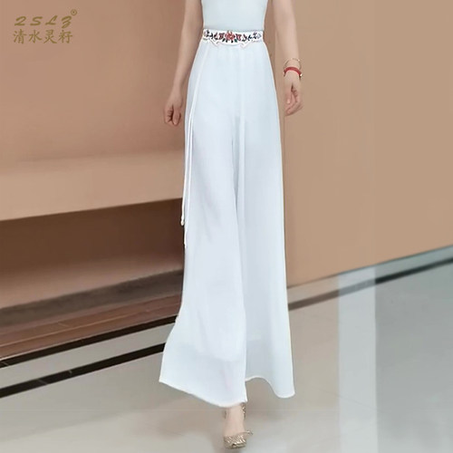 夏季新中式刺绣高腰阔腿裤裙裤女