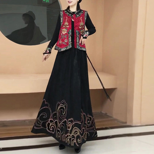 新中式国风复古刺绣马甲女高级感大摆裙半身裙长裙民族风两件套女
