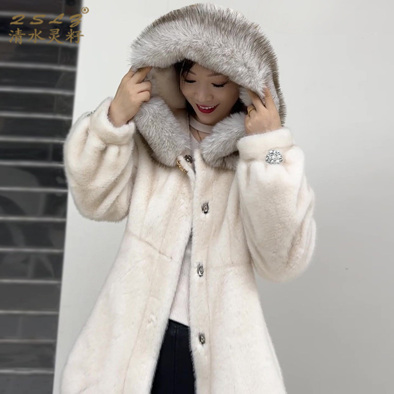 冬季毛领皮草大衣连帽仿水貂外套
