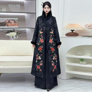 棉衣棉服兔毛领棉袄大衣外套女 民族风刺绣过膝长款 2025年冬季 新款