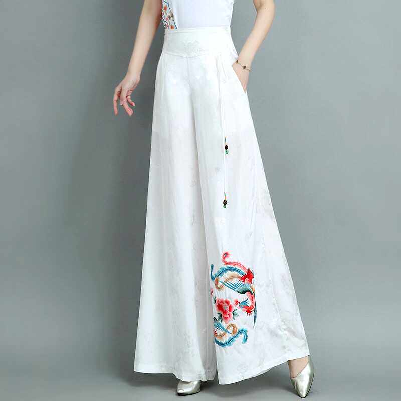 2026春夏季新款缇花缎面阔腿裤裙裤女民族风刺绣直筒长裤休闲裤子