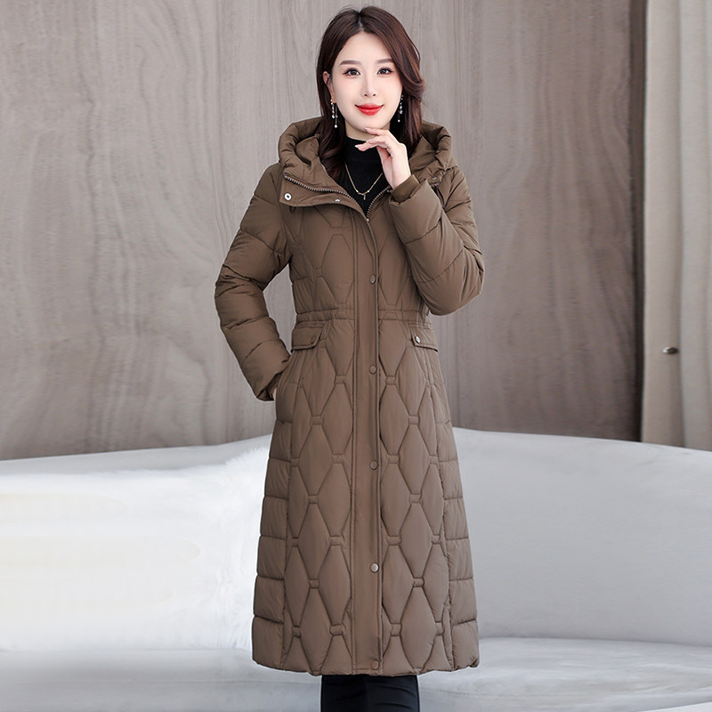 时尚收腰保暖长款棉服女款2024冬季新款羽绒棉衣外套休闲连帽棉袄