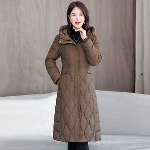 时尚收腰保暖长款棉服女款2024冬季新款羽绒棉衣外套休闲连帽棉袄