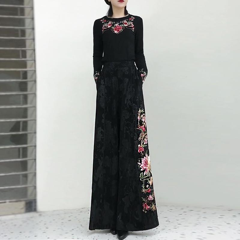民族风T恤阔腿裤长裤两件套装女