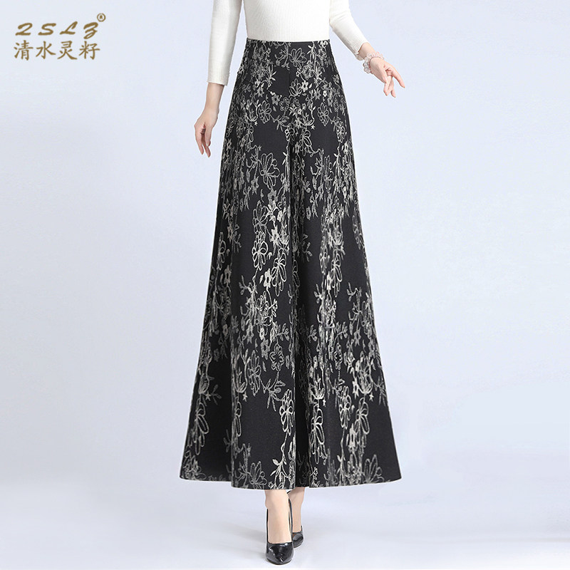 提花毛呢阔腿裤裙裤休闲裤子女
