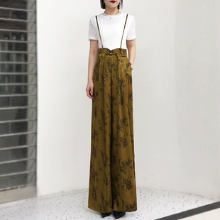 2026春夏季新款新中式高腰长裤背带裤时尚印花压褶阔腿裤拖地裤女