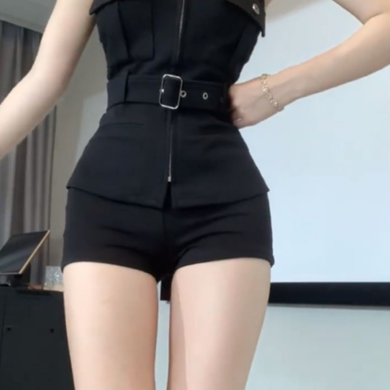 美式辣妹套装纯欲设计感外穿黑色抹胸上衣紧身热裤短裤女夏两件套