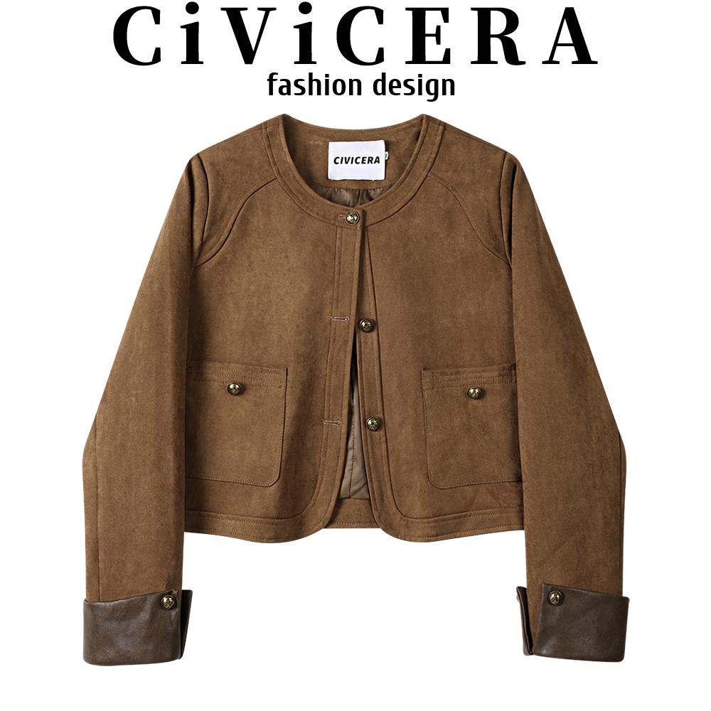 CIVICERA美拉德短款拼接仿皮绒外套女秋冬夹棉加厚复古小个子夹克