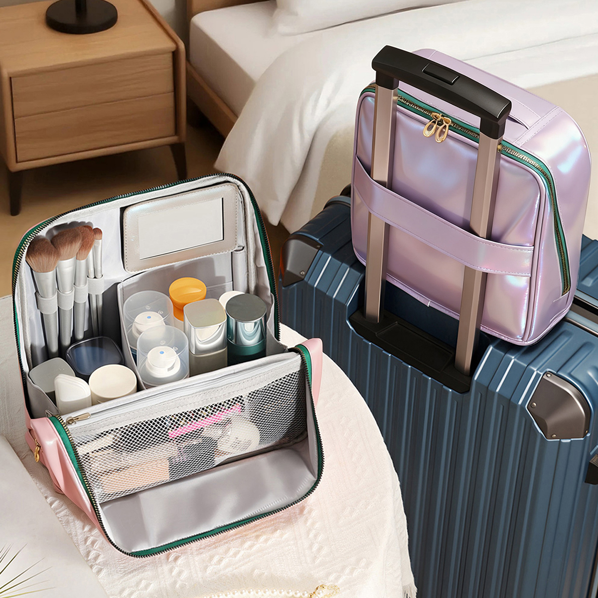 PU皮革化妆包2025新款大容量便携式旅行洗漱包化妆品收纳手提笔袋