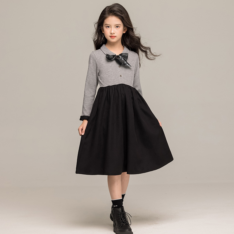 女童秋冬拼色连衣裙2025韩版洋气女孩衣服蝴蝶结女大童衬衫领裙子