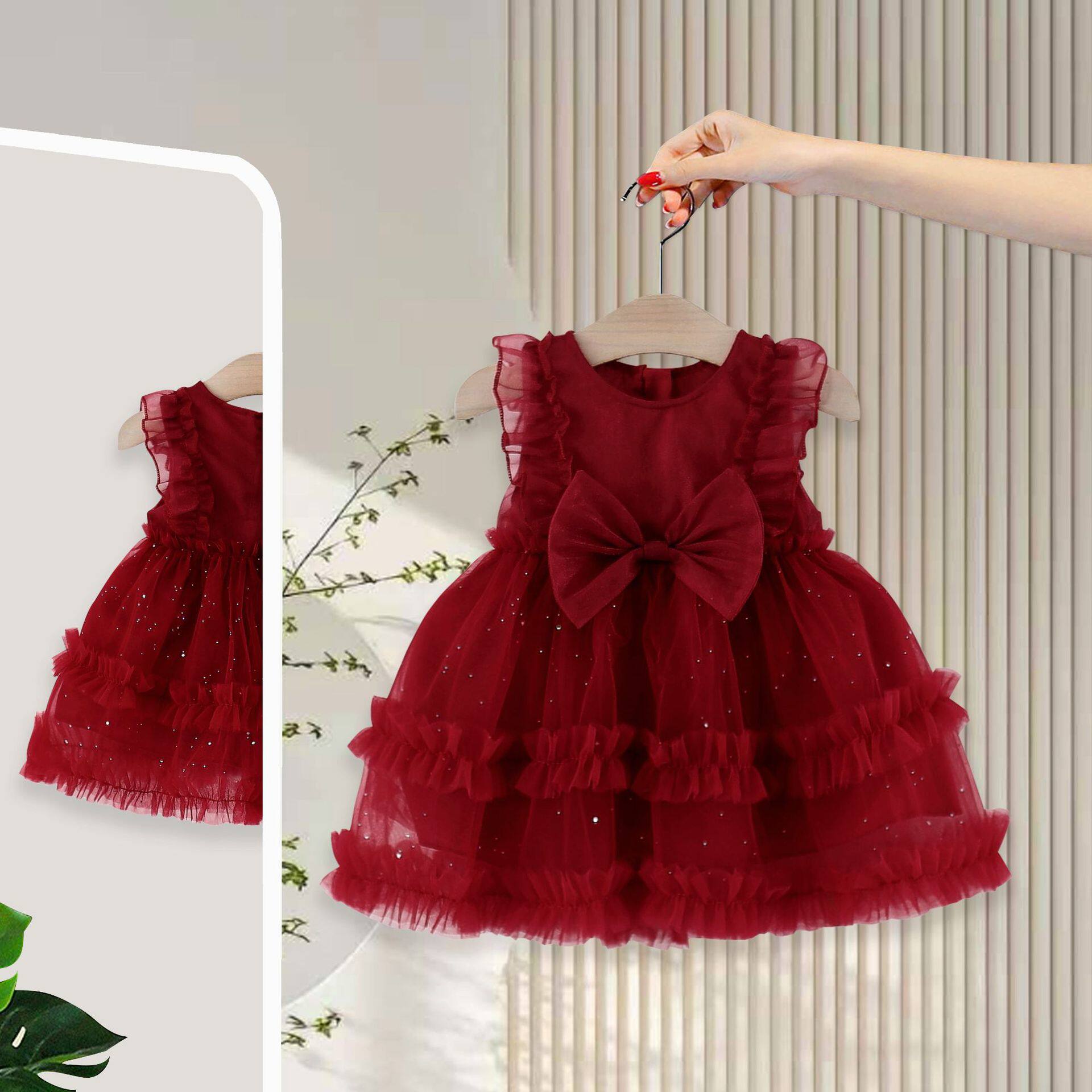 女童2026新款夏季公主裙甜美红色无袖裙子女孩宝宝网纱背心连衣裙