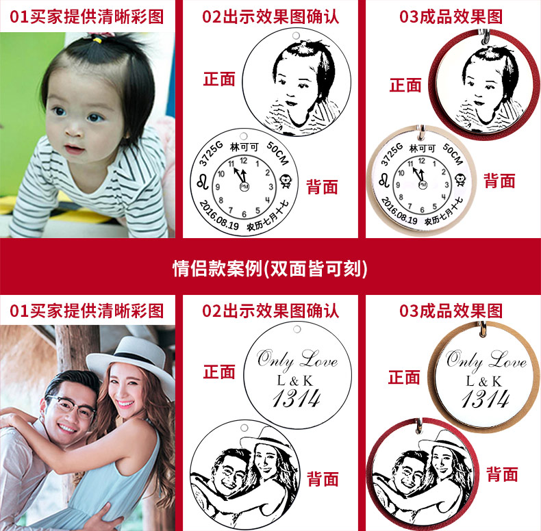 999纯银圆牌女款宝宝出生牌儿童银牌定制刻字照片情侣吊坠男项链