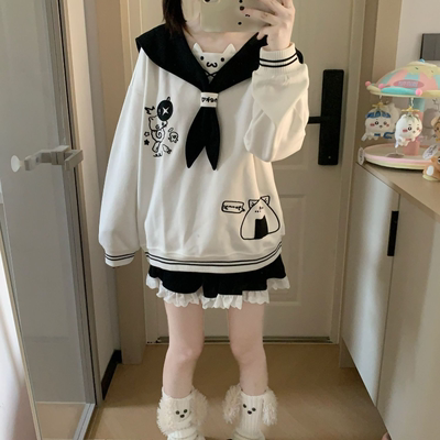 日系可爱软妹小个子海军领卫衣女秋季新款设计感小众拼色长袖上衣