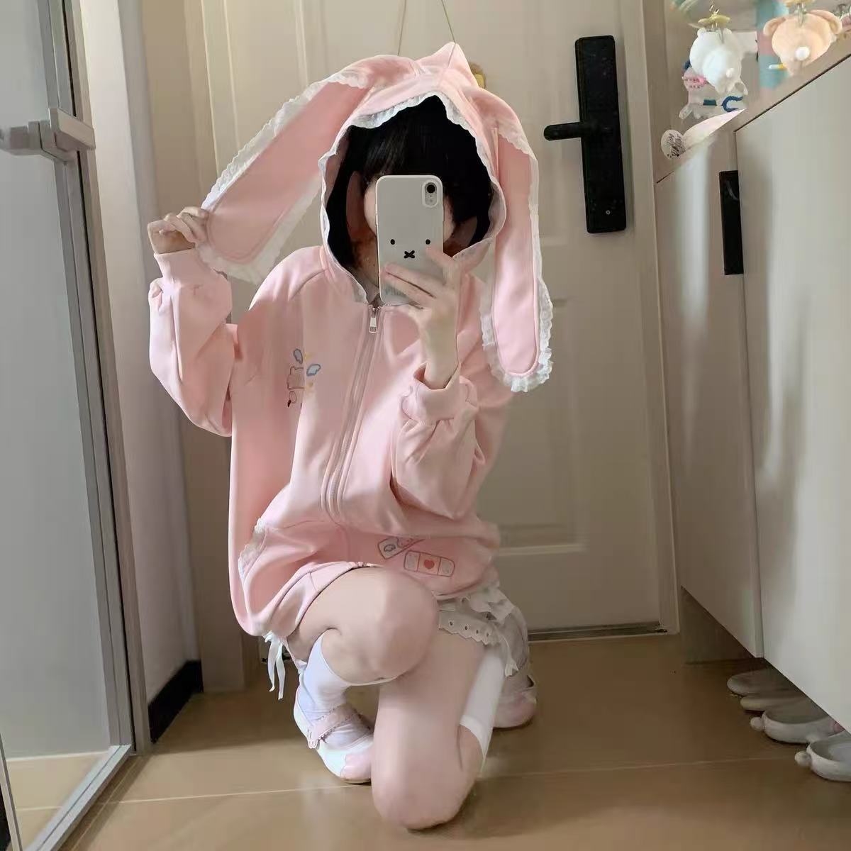 日系可爱花边兔耳朵连帽卫衣女春秋新款甜美宽松百搭拉链开衫外套