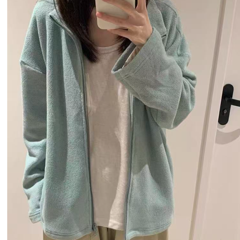 日系超好看湖水蓝摇粒绒立领外套女秋冬宽松保暖百搭拉链开衫上衣