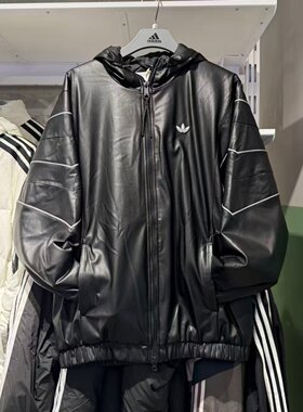 Adidas阿迪达斯三叶草男女皮面棉服外套保暖防风复古夹克 KC2653