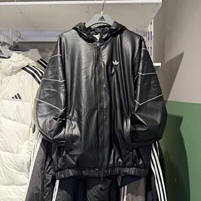 Adidas阿迪达斯三叶草男女皮面棉服外套保暖防风复古夹克 KC2653