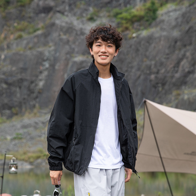 秋季男士夹克外套户外通勤徒步防水网纱透气拼接宽松立领