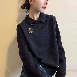 【专柜大码】POLO领卡通设计感针织上衣女秋冬宽松洋气毛衣打底衫