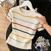 T恤女夏季 韩系穿搭正肩冰丝短袖 200斤 彩虹条纹减龄上衣服