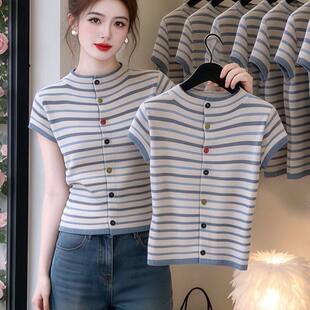 百搭时尚 冰丝爆款 圆领新款 T恤女2026夏季 上衣 梦幻条纹针织短袖