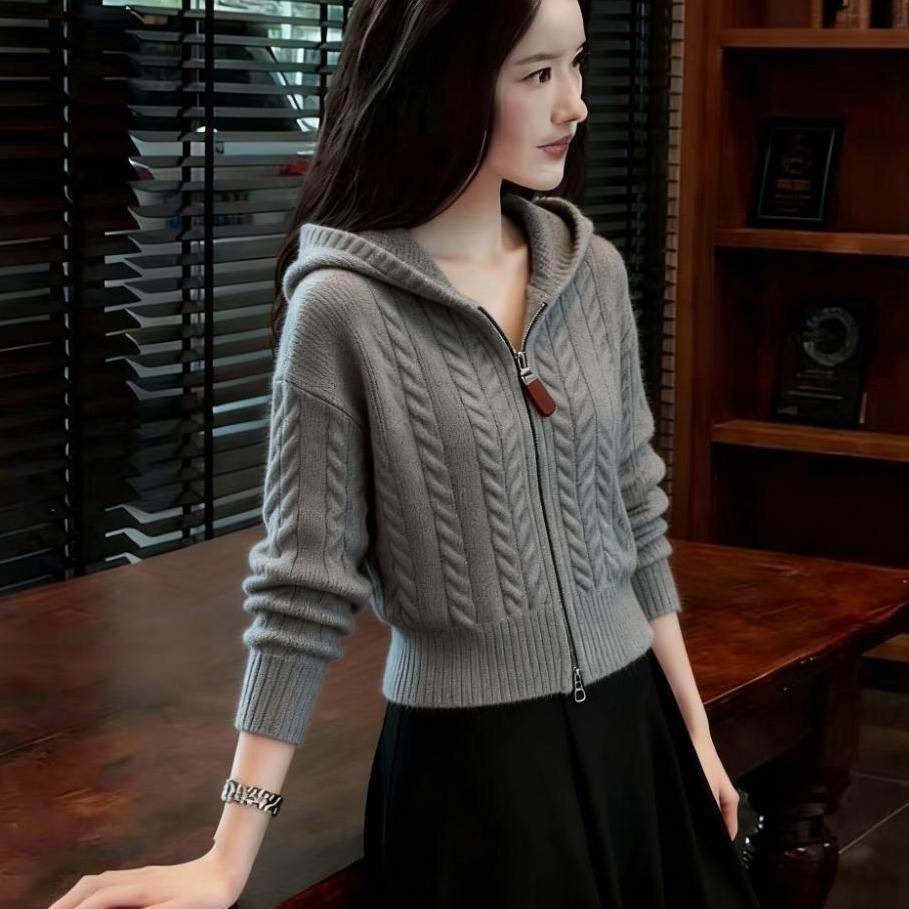 秋冬灰色连帽针织开衫女麻花纹拉链短款外套韩系温柔风毛衣上衣